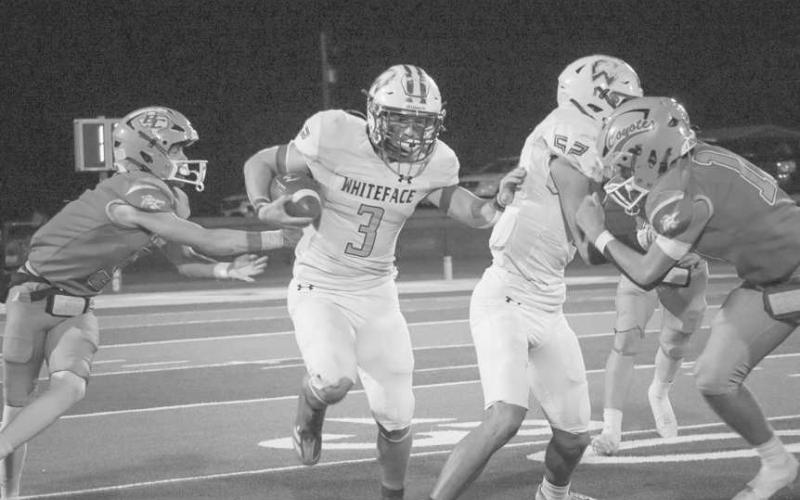 BALLCARRIER VISION - Whiteface Antelope Ethan Kauffman ran between his blocks this past Friday in Borden County in the team’s win. (Staff photo by Aalijah Soliz)