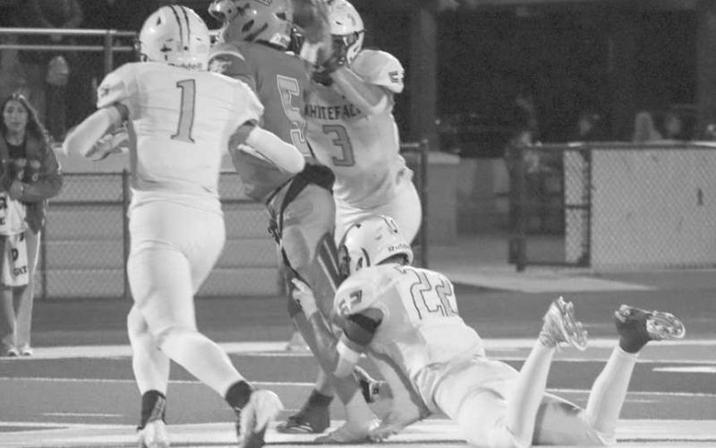 SACKED - Whiteface Antelopes Ethan Kauffman, Luke Gresham and Jaxon Hodge wrapped up the Coyote Quarterback this past Friday for the sack during the team’s win. (Staff photo by Aalijah Soliz)