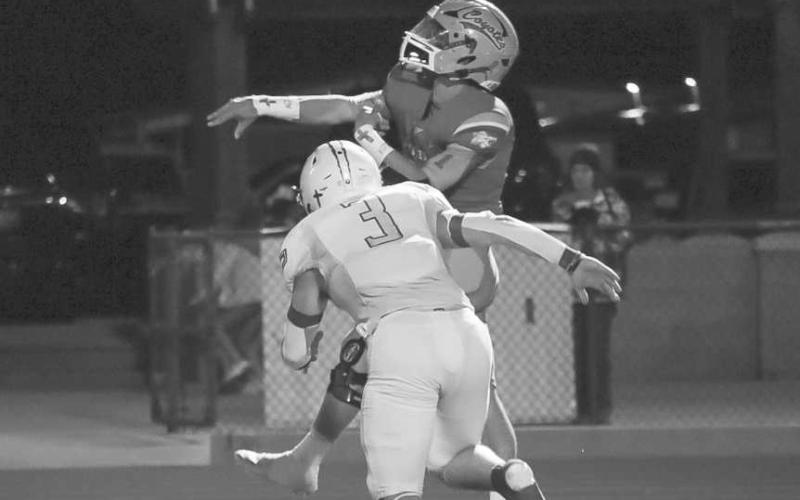 CAN’T BE BLOCKED - Whiteface Antelope Ethan Kauffman got in the backfield to cause pressure against Borden County this past Friday on the road. (Staff photo by Aalijah Soliz)