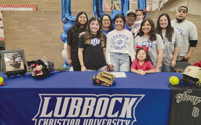 HEADED TO LCU- It was a great day at Levelland High School as senior Chloe Constantino signed with Lubbock Christian University (LCU) Monday. Chloe has a passion for softball and will now get to continue her softball journey at LCU. Chloe is an excellent student in the classroom and fabulous athlete on the field. Pictured in no particular order are: Daniel, Norma, Chloe and Danielle Constantino; Delaney and Carleigh Delgado; Zeke, Michelle, Ariel and Xiomara Escobar. (Photo Courtesy of Cristal Isaacks)