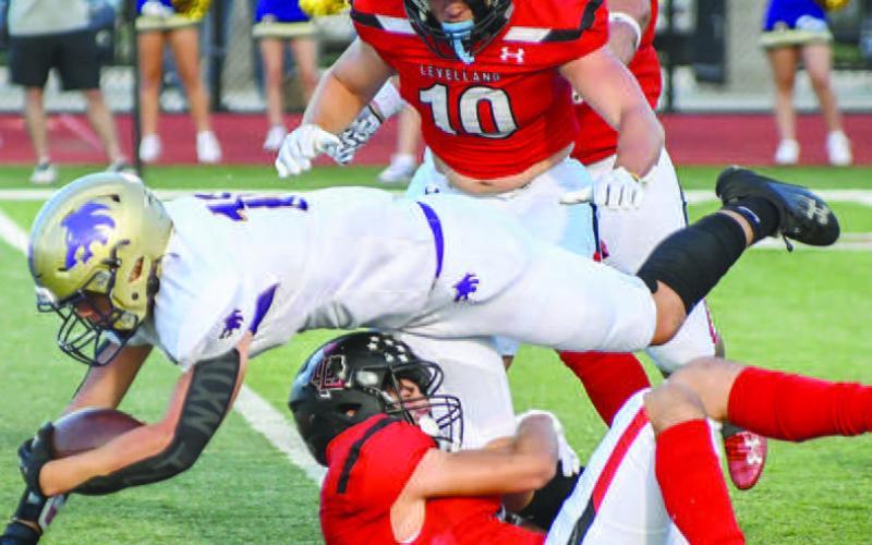 FORM TACKLE - The Levelland Lobos were flying around on the defensive side of the ball making tackles aganist the Dalhart offense during the game last Friday. Levelland opened district against Perryton this Friday as the visiting team. The Lobos fell to Dalhart, 41-31. (Staff photo by Dom Puente)