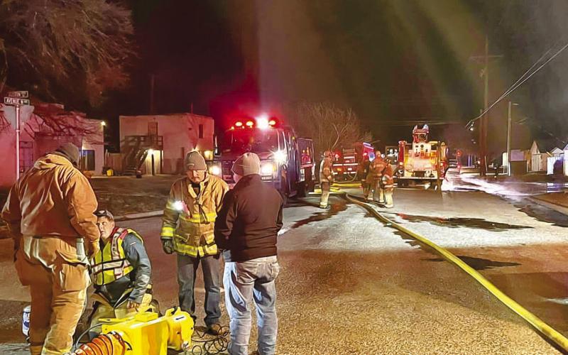 FIGHTING EARLY MORNING FIRE - Around 1:40 p.m., the Levelland Fire Department responded to a report of a backyard fire in the 1400 block of Austin. While enroute, dispatch advised the fire had spread to a nearby structure. As of 7:30 a.m., crews continued to battle a small, two-story apartment-style structure fire with assistance from the Sundown VFD, Whiteface VFD, Morton VFD and West Carlisle VFD. (Photo courtesy of City of Levelland)