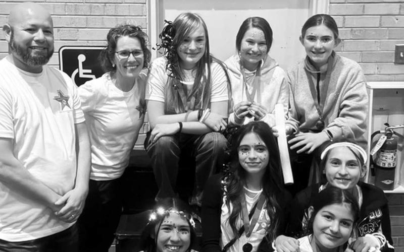 ROCKET ROCKSTARS-- Pictured are the Rocket Rockstars who placed second overall in the region and will go on to compete in the state competition. Pictured (back row) Jeremiah Gavina, team sponsor, Cindy Niederhauser, team manager, Roxie Hall, Hattie Niederhauser, Hollyn Howard, (middle) Jagger Ruiz, Anna Wheeler, (Front) Elena Guajardo, and Jenesis King.