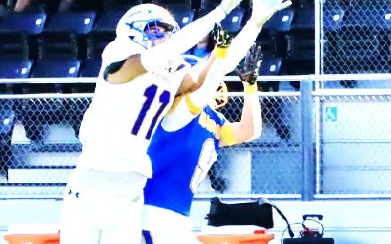 PUTTING IN THE EFFORT - Whiteface Antelope Cesar Chavez goes for the interception against Bryson on Friday night. (Photo by Holly Crutcher)