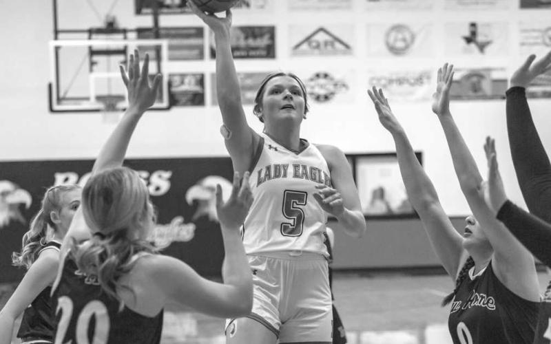 FLOATER - Ropes Lady Eagle Aubrey Bandy shot over the Lady Leapord defense during the teams game last Friday night. (Photo courtesy of Donovan Martin)