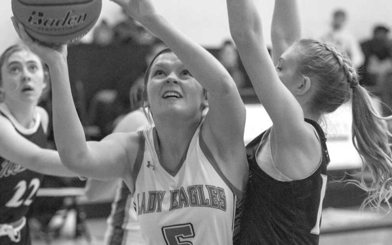 CONTACT FINISH - Ropes Lady Eagle Aubrey Bandy layed the ball up through the contact to get Ropes some much needed points. (Photo courtesy of Donovan Martin)