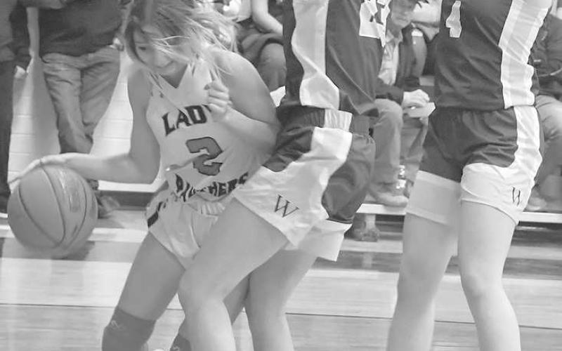 BASELINE- Madi Chavez drove under the basket for the Whitharral Panthers in a 63-15 girls’ high school home loss to the Whiteface Lady Lopes last Friday. Chavez led the Lady Panthers with nine points and a rebound. (Photo Courtesy of Jay Kelley)