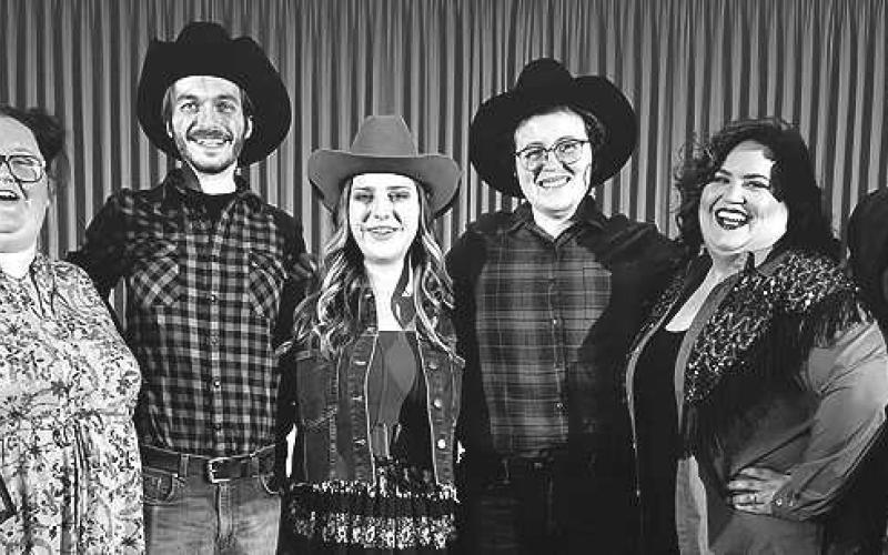 MADRIGAL DINNER-- South Plains College Theatre held its annual Madrigal Dinner at The Wallace Theater recently. The musical presented country holiday music and comedy with scenes from Christmas stories and holiday solos. Pictured from the left are: Ashton Montgomery, Chase Gibson, Natalie Stanislaus, Isaiah Klafka, Annie Nichols-Burge and Dr. Dan Nazworth. (Submitted Photo)