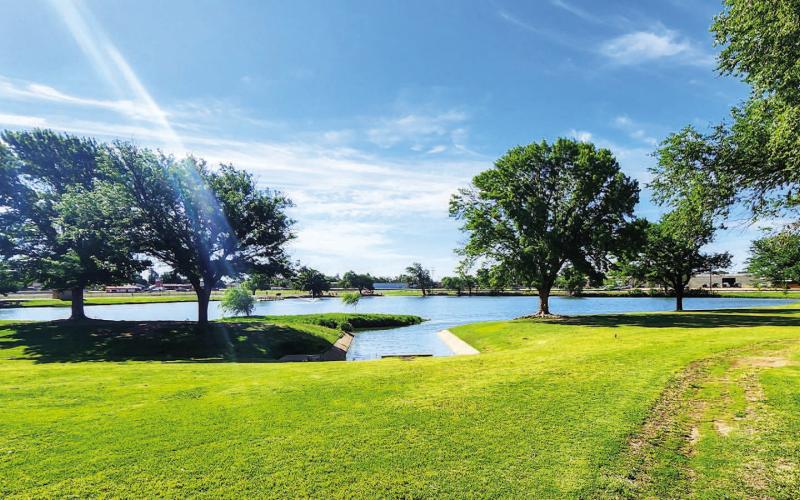 PARK IMPROVEMENTS – The City of Levelland Parks and Cemetery Department has continued their work in making improvements to areas such as Brasher Lake by adding irrigation and plans to add a concrete paved trail to improve Lobo Lake. Parks such as LG Griffin and George Price Park are in the process have having pavilions redone and added signage for the community to enjoy. (Staff Photo by Dom Puente)