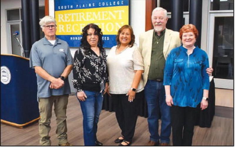 SPC SPRING RETIREES - South Plains College honored their Spring retirees for their service and commitment to SPC at a reception held Friday, May 2. Shown left to right is: Dennis Prindle, Lorenza Macias, Delma Salinas, Daniel Nazworth and Susan Nazworth. Not shown are Philip Ricker and Debbie Hale. (SPC Photo)
