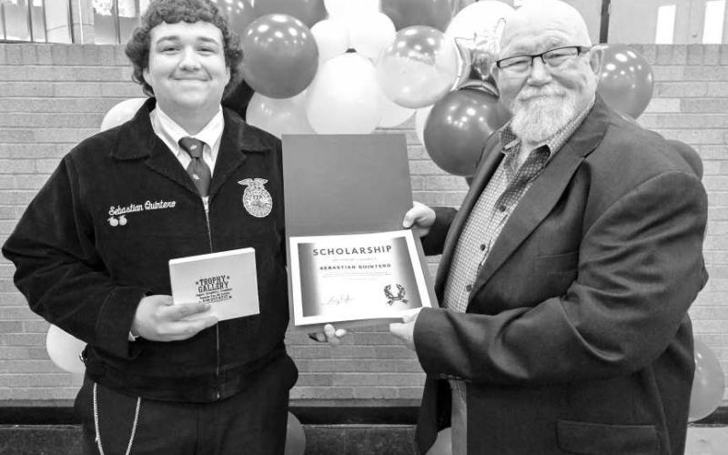 TOOTER SMITH SCHOLARSHIP - Levelland High School hosted their annual FFA Banquet in the High School Commons Wednesday. Senior Sebastian Quintero was the recipient of the Tooter Smith Scholarship. The scholarship was presented by LD Pugh. (Photo courtesy of Cristal Isaacks)