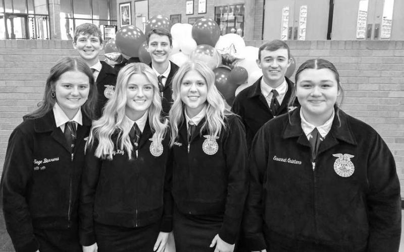 CONGRATULATIONS NEW OFFICERS - Levelland High School hosted their annual FFA Banquet in the High School Commons Wednesday. The new officers for the 2025-2026 school year are as follows: President Mattie Buxkemper, Vice President Charley King, Secretary Sage Barrera, Treasurer Britton Clevenger, Reporter Victor Reyes, Sentinel Kanaan Coats, Student Advisor Savannah Quintero and Parliamentarian Mason Tidell. (Photo courtesy of Cristal Isaacks)