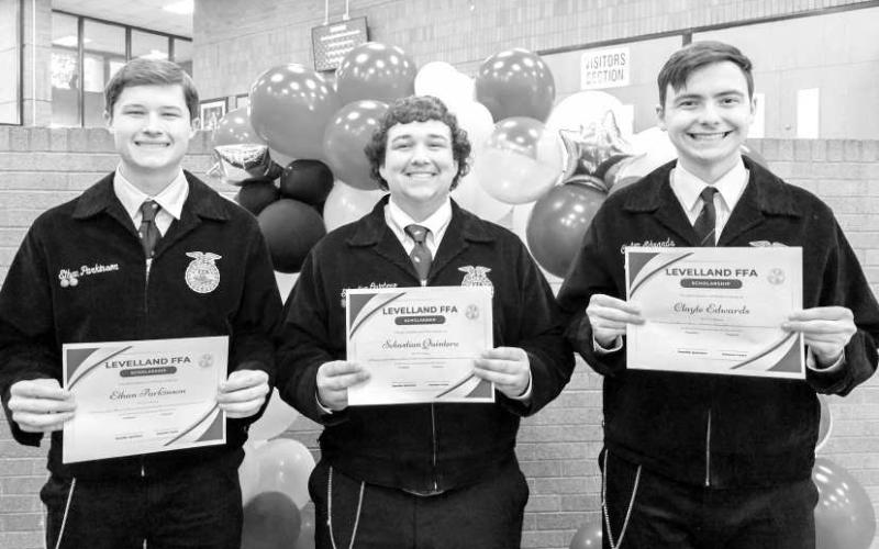 SENIOR SCHOLARSHIPS - Levelland High School hosted their annual FFA Banquet in the High School Commons Wednesday. Seniors Ethan Parkinson, Sebastian Quintero and Clayte Edwards were each recipients of a senior scholarship. (Photo courtesy of Cristal Isaacks)