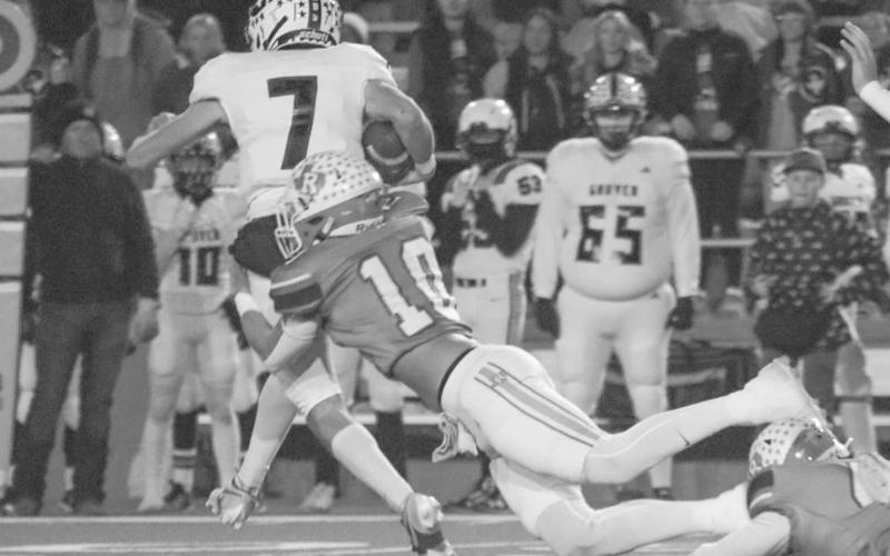 TOO FAST - Ropes Eagle Brady Bryan chased down the Gruver quarterback for a minimal gain of yards on the play during the team’s last game at Happy State Bank Stadium. (Staff photo by Aalijah Soliz)