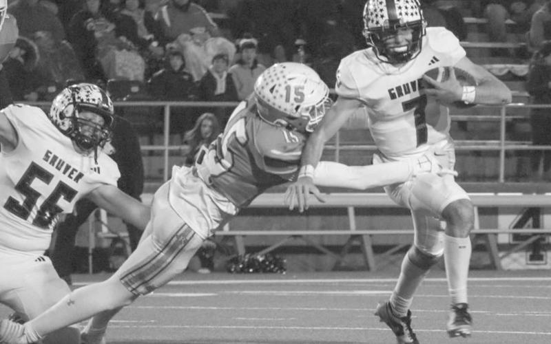SACKED - Ropes Eagle Kaden Riker made the diving tackle on the Gruver Greyhound quarterback this past Friday in Canyon for the team’s last game of the season. (Staff photo by Aalijah Soliz)