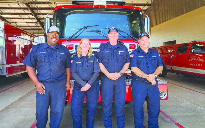 INCREASING INSPECTIONS - The Levelland Fire Department (LFD) is continuing to conduct inspections for business as they have reached 77 this year and 30 last month. Pictured are LFD personnel who are certified to conduct inspections. From left to right are: Firefighter Derrick Lewis, Chief Patty Byars-Faulkner, Deputy Fire Marshal Jeff Pharis and Captain Brian Faulkenbury. Not pictured is Captain Lance Edwards and Cade Millenbine. (Staff photo by Dom Puente)