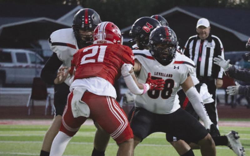 PASS SET - Levelland Lobo linemen Joe Pena and Damian West blocked the Perryton pass rush all night long doing a great job giving their quarterback time to throw. (Staff photo by Aalijah Soliz)