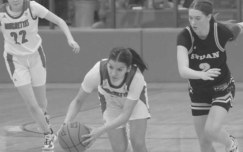 LATE STEAL- The Sundown Roughettes hosted the Sudan Hornettes Friday night and lost an overtime nail biter, 47-45. Natalie Urias got a fourth quarter steal. (Photo Courtesy of Chrish Bratcher)