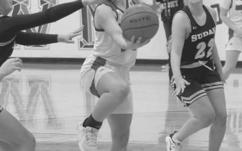 SCOOP SHOT- The Sundown Roughettes hosted the Sudan Hornettes Friday night and lost an overtime nail biter, 47-45. Allie McCormick scooped a shot in the lane. (Photo Courtesy of Chrish Bratcher)