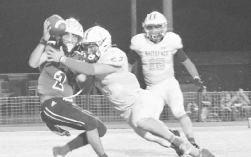 SACKED - Ethan Kauffman played both sides of the ball for the Whiteface Antelopes, getting a sack on defense against the Springlake-Earth Wolverines last Friday in UIL six-man high school football action at Earth. The Antelopes will be off this week and at home next week against Wellman-Union to start district play. (Photo by Holly Crutcher)