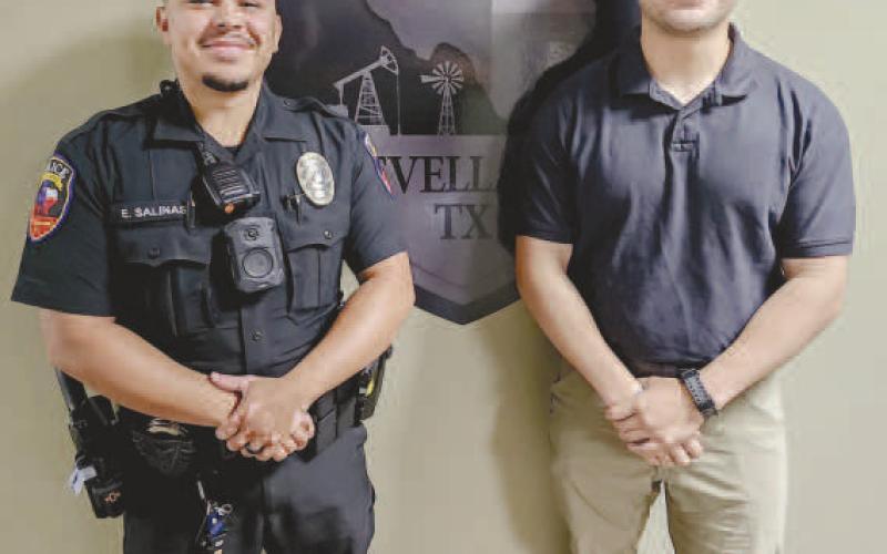 CERTIFIEDVETERANSPROGRAMS - Pictured are Officers Salinas and Lazcano of the Levelland Police Department (LPD). They are part of the field training program (FTO) and first year of probation programs for the LPD. The programs were recently certified by Veterans Affairs (VA) through the Texas Workforce Commission (TWC). The certified program allows veterans to utilize their education benefits for a year and 16 months with the LPD. This includes housing and living expenses. (Staff photo by Dom Puente)