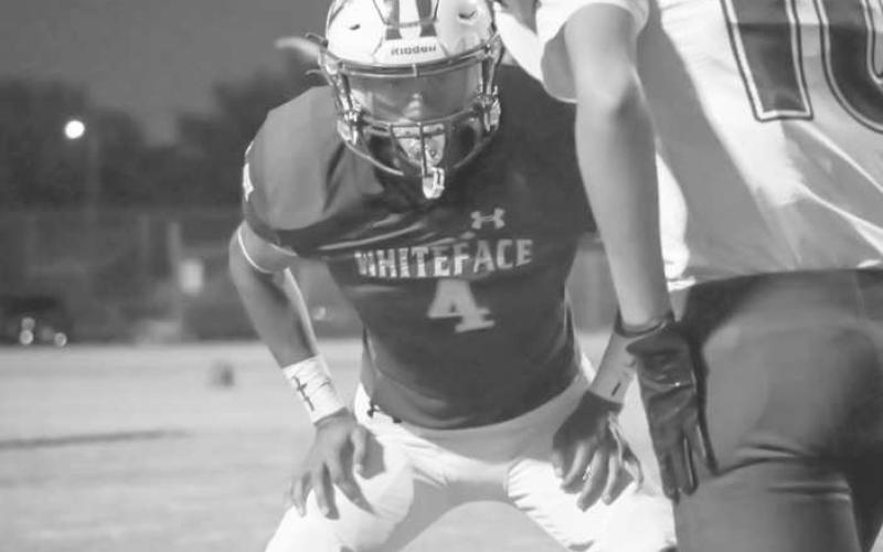 PRESS - Whiteface Antelope Jeremiah Rendon played press man coverage this past Friday at home in the team’s homecoming game against Elida. (Staff photo by Aalijah Soliz)