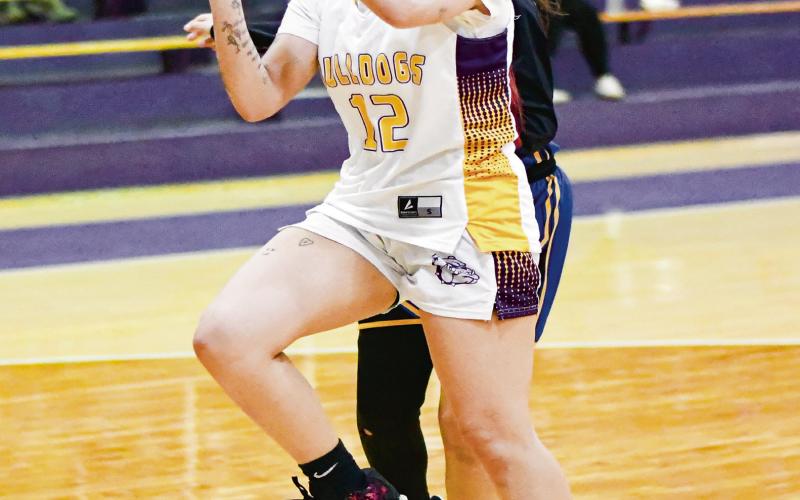 TRANSITION SCORE - Anton Lady Dawg Alyssa Mancias scores a bucket in transition with a Wellman Union defender behind her during their game this past Friday night at Anton High School. (Staff photo by Jentezen Smith)