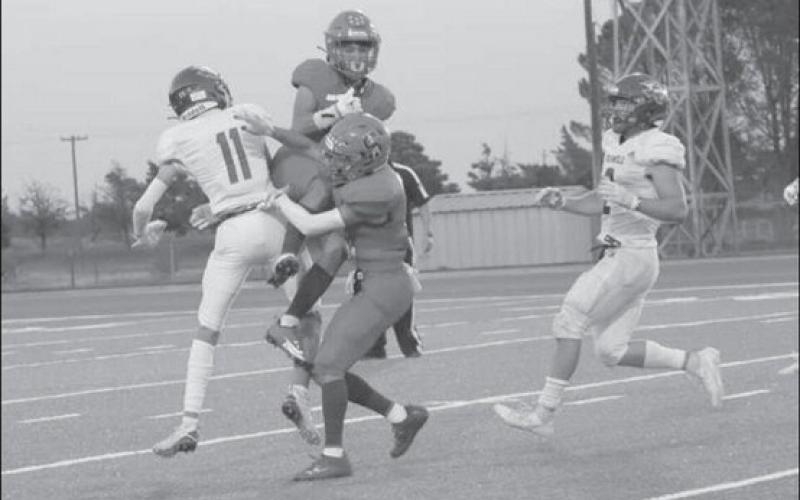 HARD CATCH - The Sundown Roughnecks competed against Farwell, but fell 23-7. Pictured is the Roughneck wide receiver making a great contested catch to put the Roughnecks in scoring range. (Staff photo by Aalijah Soliz)