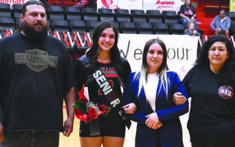 LOBOETTE SENIOR NIGHT- The Levelland Loboette volleyball program honored their seniors in their final home game Tuesday, October 25th. Loboette Jaycee Franco was escorted by her father Jessie, mother Ida and sister Kenzie. (Staff Photo by Dom Puente)
