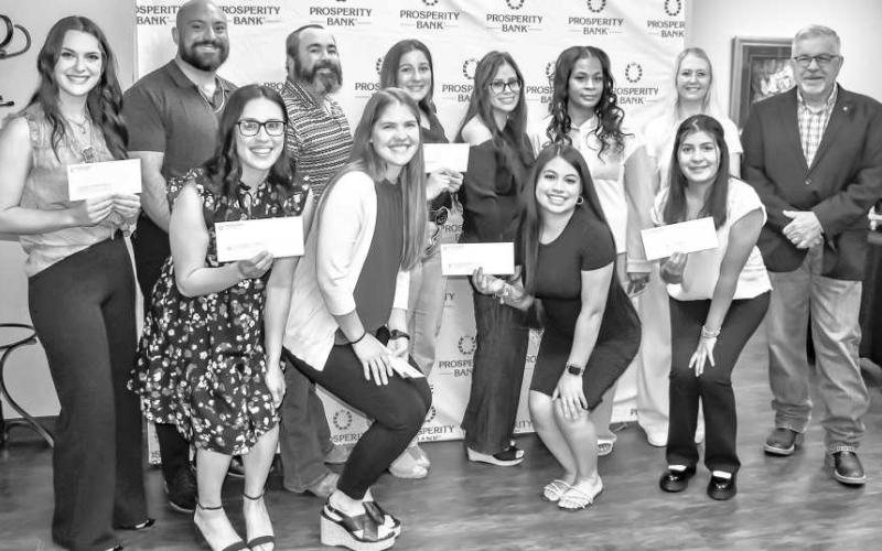 SCHOLARSHIP PRESENTATION - As part of an annual initiative, Prosperity Bank presented scholarships to South Plains College nursing students at a reception on April 25. Pictured from the left in the front row are Cassandra Pena, Stephanie Hood, Briana Sepulbeda and Jaelynn Zaragoza. From the left in the back row are Amelia Harrist, Solomon Levin-Sanders, Colby Nelson, Kaydence Loftin, Criselda Luna, Ashly Bibbs, Helena Hiebert and Russell Riley (Banking Center President at Prosperity Bank). (SPC Photo)