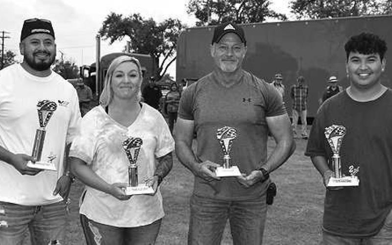 CLASSIC CAR SHOW– The annual Thunder on the Plains presented many awards to participants of the Classic Car Show held Saturday in City Park. Pictured are the winners in the New Cars between 2001 and present award: first place winner Gabe Velasquez, 2011 Cadillac CTS-V; second place, Heather Anderson, 2020 Ford Mustang GT; third place, Brian Fleming, 2015 Dodge Challenger; and tied second place is Isaac Rodriguez. (Staff Photo)