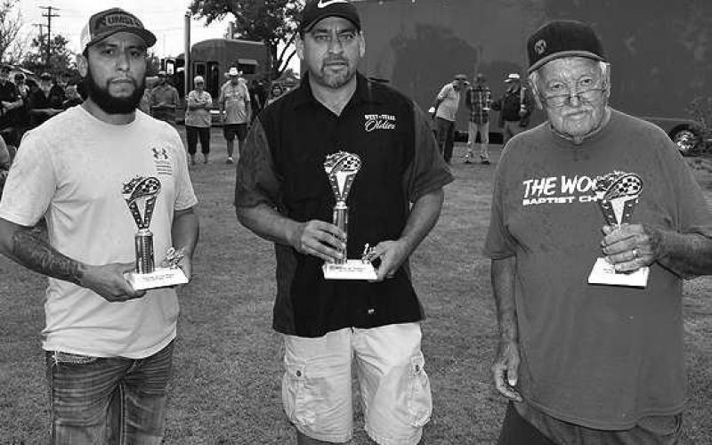 FENDER HOT &amp;amp; STREET RODS– Classic cars of all makes and models lined up the streets throughout the City Park Saturday for the annual Thunder on the Plains Car Show. Pictured are the winners of the Fender Hot and Street Rods category: first place winner James Salas, 1930 Ford Coupe; second place, Brandon Orosco, 1953 GMC truck; and third place, Richard Wilson, 1938 Ford pickup. (Staff Photo)