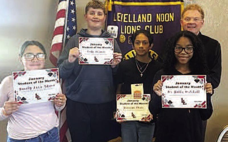 STUDENTS OF THE MONTH-- The Noon Lions Club honored the LMS January Students of the Month who were nominated by their teachers for exhibiting the “Standard” way. Students included 8th: Cody Grissom, 8th grade, Donovan Chino, 7th grade, Mi Bella Mitchell, 6th grade, and Yanely Lara Adame, 5th grade. (Levelland ISD photo).