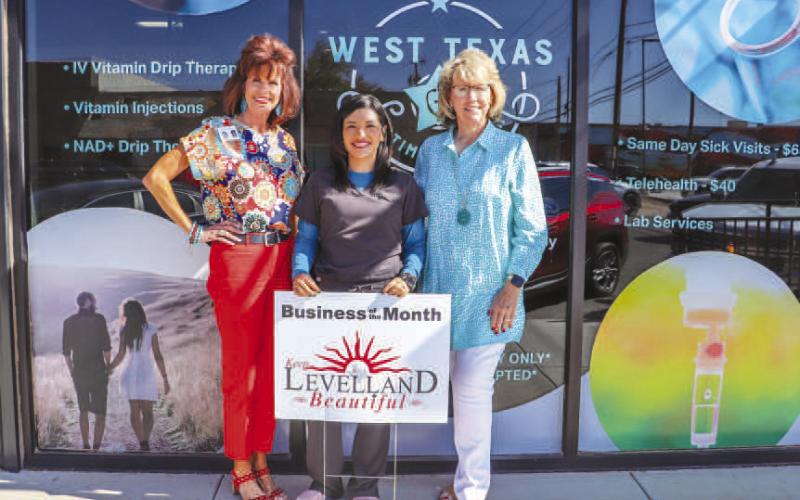 AUGUST BUSINESS OF THE MONTH - The Keep Levvelland Beautiful Program recognized West Texas Optimal Health as the business of the month on Monday. The business is located at 915 Austin St. Pictured is Cristal Isaacks, owner Michelle Acevedo and Mary Siders. Acevedo is a certified family nurse practitioner and has been in business for three years in Levelland. (Photo courtesy of Emily Campos)
