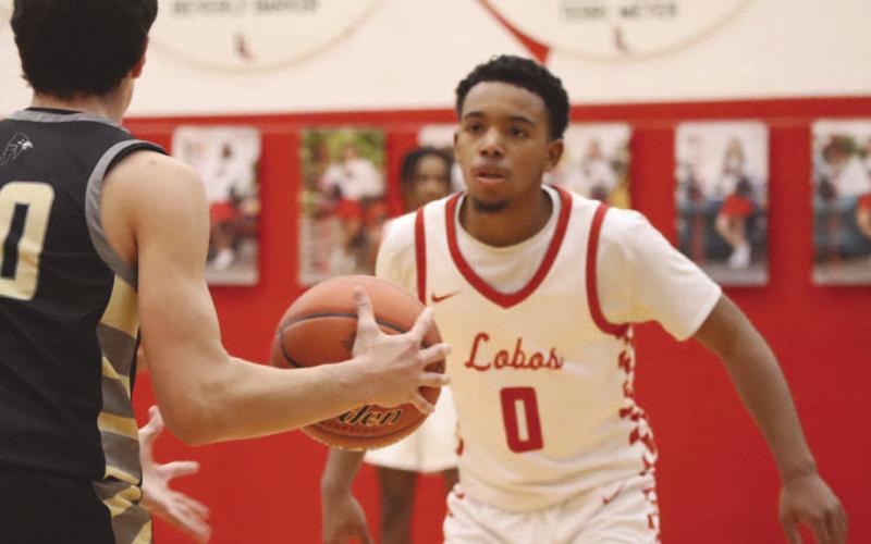 Lobo Jayden Castillo played at the top of the full-court press against the Jayton forward during the teams contest last Tuesday night against the Jayton Jaybirds. (Staff photo by Aalijah Soliz)