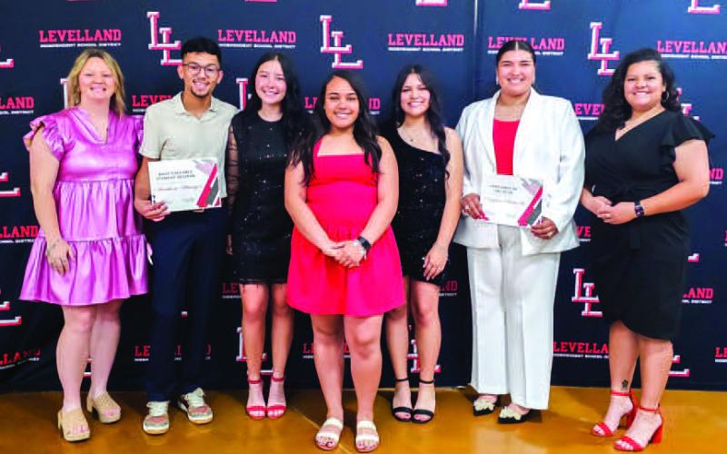 LHS STUDENT TRAINERS - Levelland High School held their annual athletic banquet ceremony Monday at the Mallet Event Center and Arena. Pictured are the this years student trainers and those who earned the following earned awards: MVP Matthew Almager, Newcomer of the Year Naylea Saucedo. (Photo courtesy of Cristal Isaacks)