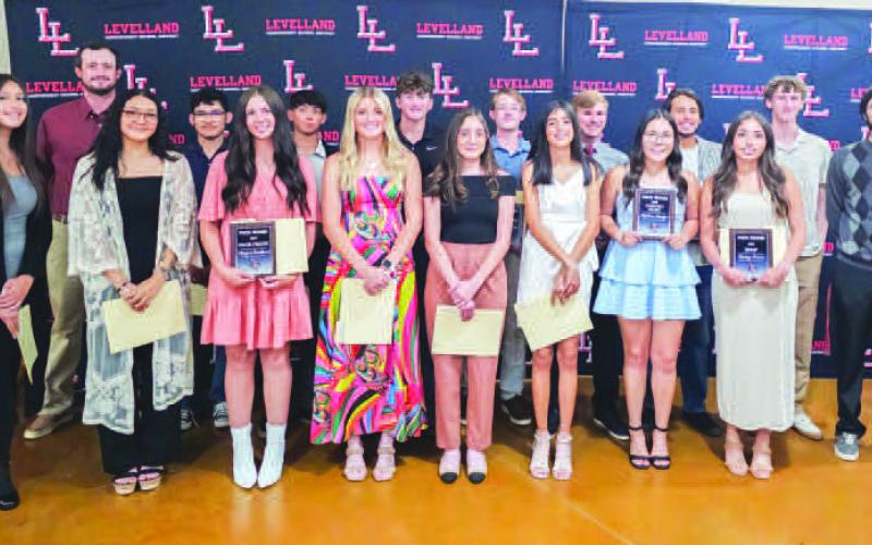 PACK TENNIS - Levelland High School held their annual athletic banquet ceremony Monday at the Mallet Event Center and Arena. Pictured is the tennis team with the following players who earned awards: MVP Nathan Ellis and Daisy Perez, Fighting Heart Micheal Canon and Madison Almager and Pack Pride Brady Houston and Teagan Brothers. (Photo courtesy of Cristal Isaacks)