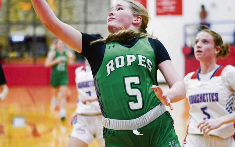 LAYING IT UP - Ropes Lady Eagle Brooklyn Hogg lays up a shot during their district game on the road against Sundown this past Friday. Hogg would end with 11 points and five assists in the game. (Staff photo by Jentezen Smith)