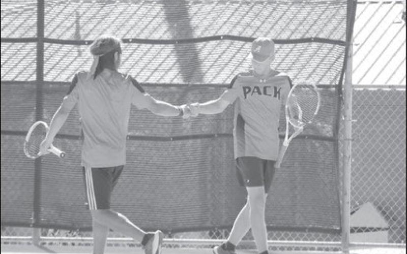 TEAMWORK - Levelland Lobo athletes Nathan Ellis and Micheal Canon played doubles against the Brownfield Cubs this past Tuesday at home. (Staff photo by Aalijah Soliz)
