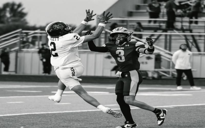 CONTESTED CATCH - Senior wide receiver Kysen Niblett goes for the contested catch for Levelland football in their season opener against Dalhart on August 29. Kysen would sustain a season-ending injury moments later. Since then the Levelland community has shown he and his family endless love and support, which they are beyond thankful for. (Staff photo by Jentezen Smith)