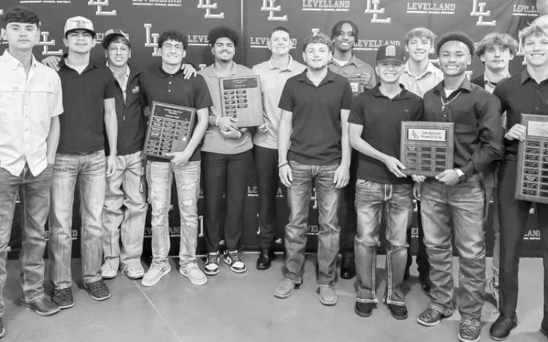 LOBO BASKETBALL - Levelland High School held their annual athletic banquet ceremony Monday at the Mallet Event Center and Arena. The following players earned awards: Offensive MVP Eryk Jones, Defensive MVP Ethan Salazar, Gano Tubb Award Gavin French, Newcomers Bryson Golightly and Nehemiah Sanchez and Heart of a Lobo Sean Landrum and Graham Gibbs. (Photo courtesy of Cristal Isaacks)