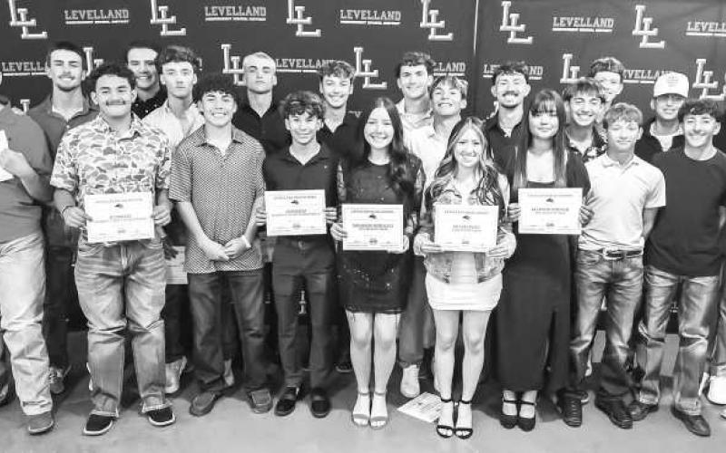 LOBO BASEBALL - Levelland High School held their annual athletic banquet ceremony Monday at the Mallet Event Center and Arena. The following players earned awards: MVP Noah Tienda, Fighting Heart Jacob Swain and Kade Pemberton, Newcomer Abram Arteaga, Ian Rivera and Kane Rice, Co Offensive MPV Jake Potter and Rance Massey, Defensive MVP RJ Mireles and Golden Glove Gage Potter. (Photo courtesy of Cristal Isaacks)