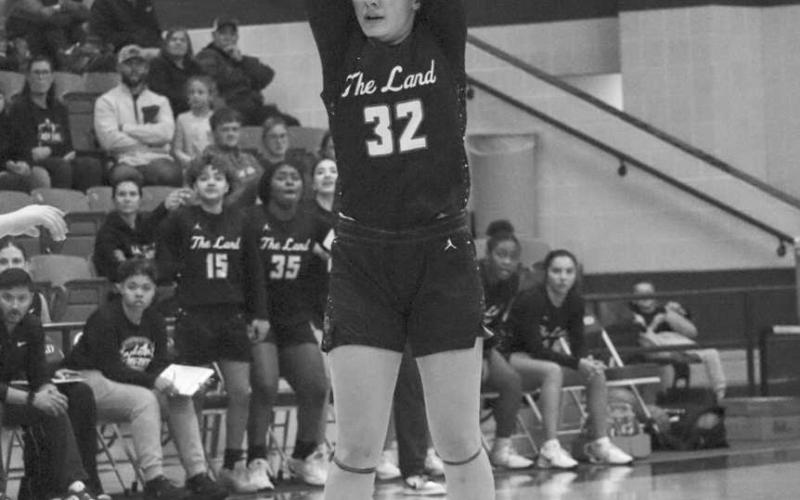 THREE - Levelland Loboette Emery Smith shot the ball from long range during the team’s last game of the season at Stamford High School this past Thursday night. (Staff photo by Aalijah Soliz)