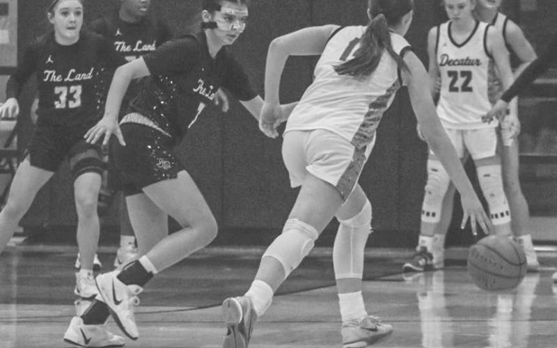 DEFENSE - Levelland Loboette Leilani Sanchez played sticky defense during the team’s final game of the season against the Decatur Lady Eagles in Stamford. (Staff photo by Aalijah Soliz)