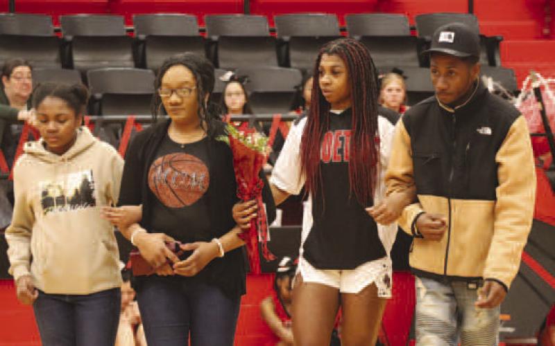 SENIOR - Levelland Loboette Tanaeasia Brackens was escorted out by her mom Evelyn Brackens and her brother Tylynn Brackens this past Tuesday for senior night. Her future plans are to attend the University of Houston while majoring in nursing. Her advice for future players is “Don’t put too much pressure on yourself, just have fun.” (Staff photo by Aalijah Soliz)