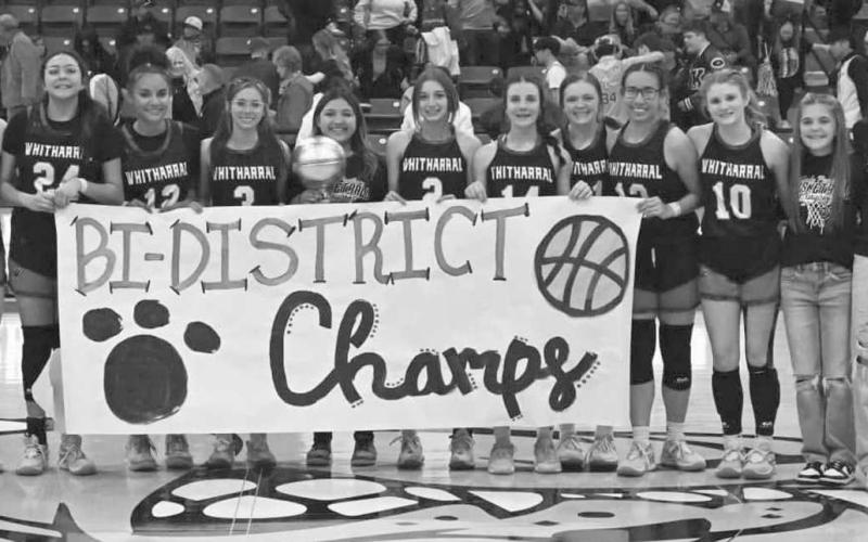 BI-DISTRICT CHAMPS - Whitharral topped the Klondike Lady Cougars in overtime for their first round of playoffs win. Pictured above are Coach Madison Ortega, Assistant Coach Madison McCully, Rylee Kristinek, Valeria Frias, Denae Sansom, Elizabeth Reyna, Aerie Rodriguez, Madi Chavez, Paige Smith, Sheridan Neal, Trinity Coronado, Kalyn Bates, Aaliyah Sanchez and Paisley Neal. (Photo from Whitharral ISD)