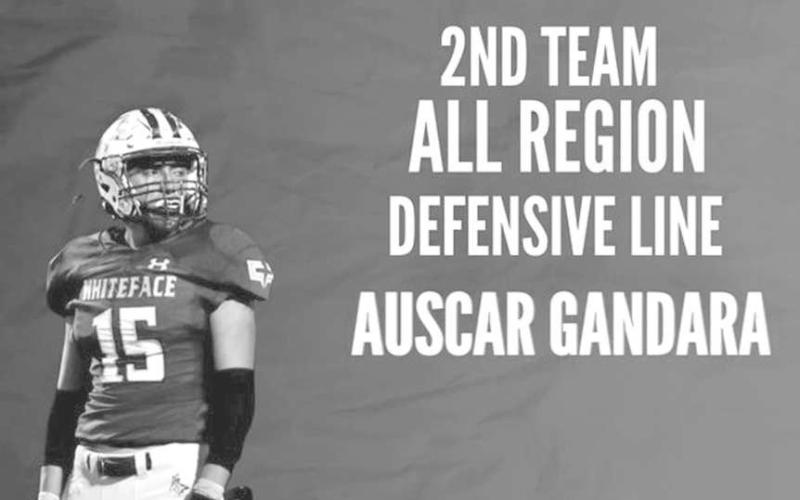 Whiteface Antelope Auscar Gandara earned himself 2nd Team All-Region Defensive Line for his great play on the field this past season. The Whiteface Antelopes finished the season with a record of 11-1 throughout the year, losing only to Borden County in the second round of playoffs. (Photo courtesy of Jay Kelley)