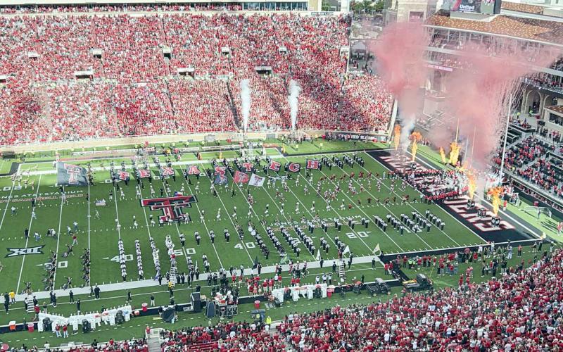 GUNS UP – The Texas Tech football team takes the field for their matchup against Arkansas Pine-Bluff this past Saturday night at Jones AT&amp;amp;T Stadium. (Staff photo by Jentezen Smith)