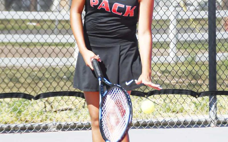 DRIBBLIN’IT – Angelia Rivera dribbles the tennis ball as she prepares to serve during a tennis match against Lubbock-Cooper Liberty this past Tuesday at the Levelland tennis courts. (Staff Photo by Jentezen Smith)