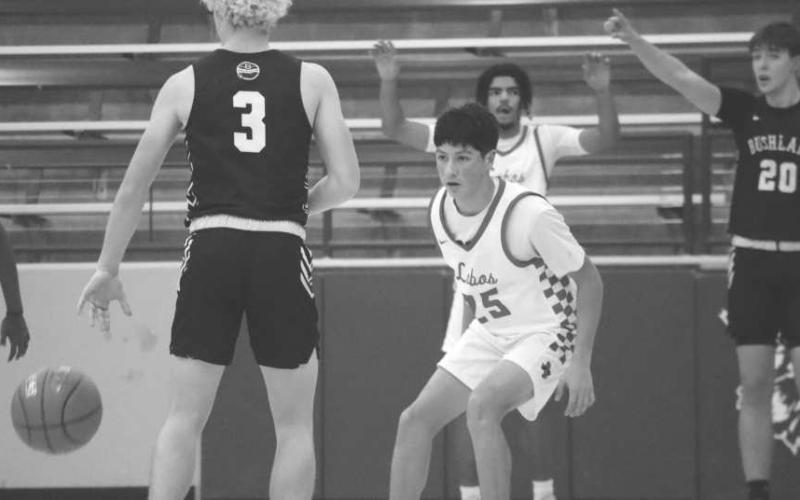 CONCENTRATED - Levelland Lobo Jordan Maska was playing good defense to force the offense to turn the ball over in the Littlefield Tournament. (Staff photo by Aalijah Soliz)